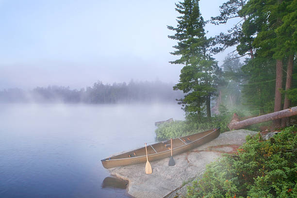 Foggy Morning in Canoe Country Foggy morning on Crooked Lake (Gardner Bay) in the Boundary Waters Canoe Area Wilderness/Quetico Provincial Park. boundary waters canoe area stock pictures, royalty-free photos & images