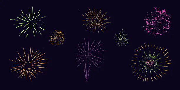 Vector illustration of Set color fireworks dark background. Festive theme