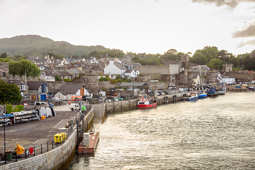 View of a walled town and fishing harbour at sunset in summer. Conwy, Wales, UK.