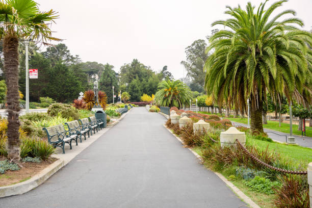 Deserted paved path lined with empty  wooden benches in a public park on a foggy autumn day. Golden Gate Park, San Francisco, CA, USA.