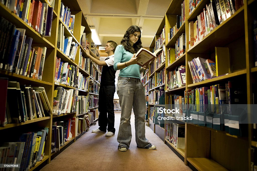 further education: book worms A pair of students making use of their college library. Book Stock Photo