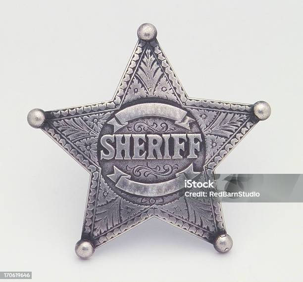 Star Shaped Sheriffs Badge Badge Star Pin Law Stock Photo - Download Image Now - Police Badge, Badge, Metal