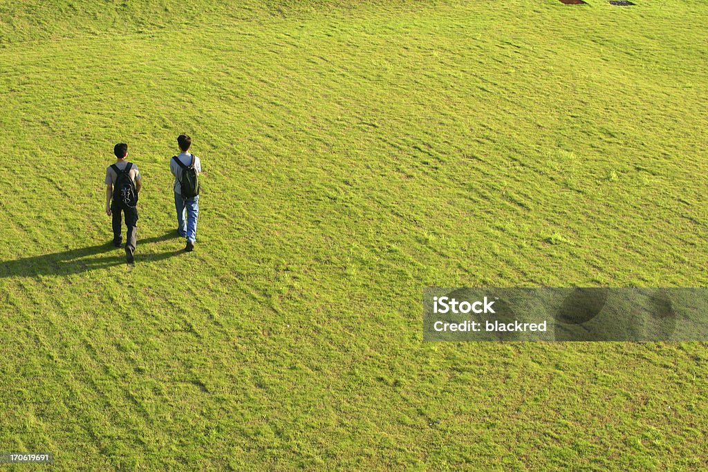 Walking Back Two young adults walking on grass. Schoolyard Stock Photo
