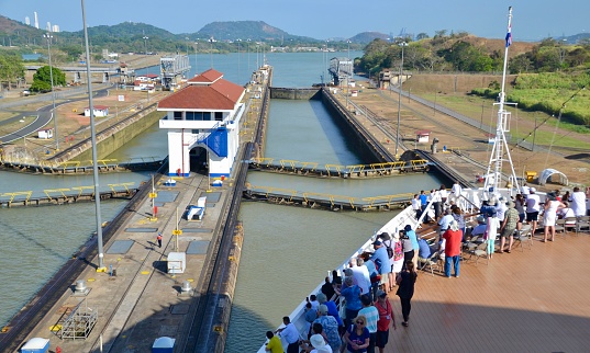 Panama April 2017 Cruise ship entering the Miraflores Locks in the Panama Canal