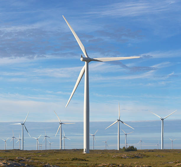 Wind turbines producing renewable energy stock photo