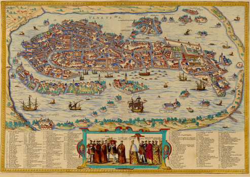 A medieval map of Venice, Italy, from a XVII century original. Nice cartouches and vignetes and a nice example of decorative mapping. See more Italian images and maps: