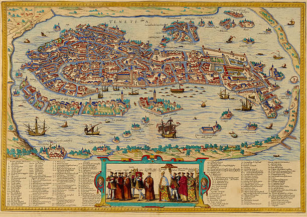 Venice Antique View A medieval map of Venice, Italy, from a XVII century original. Nice cartouches and vignetes and a nice example of decorative mapping. See more Italian images and maps: venezia stock illustrations