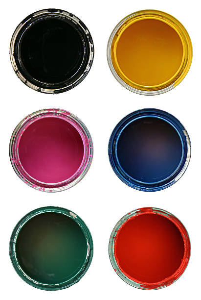 Composite of opened paint cans in different colors, on white