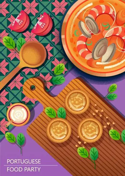 Vector illustration of Portuguese food and pattern top view in vector file.