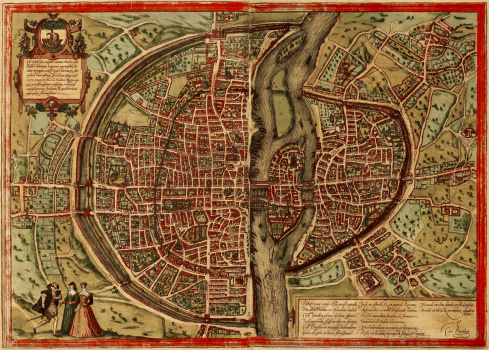 A medieval map of Paris, France, scanned from a XVII century original. Nice cartouches and vignetes and a nice example of decorative mapping. Published more than 300 years ago