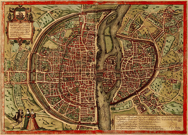 Paris Antique View A medieval map of Paris, France, scanned from a XVII century original. Nice cartouches and vignetes and a nice example of decorative mapping. Published more than 300 years ago vintage maps stock illustrations