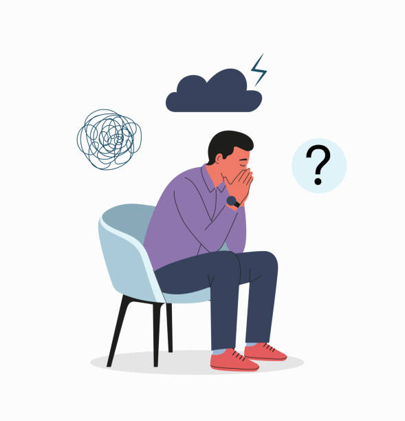 Sad man sitting with his head in his hands.Doldrums concept Sad man sitting with his head in his hands.Doldrums concept. Vector flat cartoon illustration question mark depression sitting asking stock illustrations