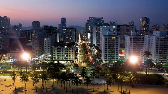 Night Aerial View of Coastal City of Santos Sao Paulo Brazil. Aerial Landscape of South Coastal of Sao Paulo. Tropical Travel. Coastal scenery.