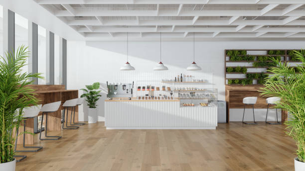 Eco-Friendly Coffee Shop Interior With Vertical Garden, Potted Plants, Stools, Coffee Maker And Cake Display Fridge