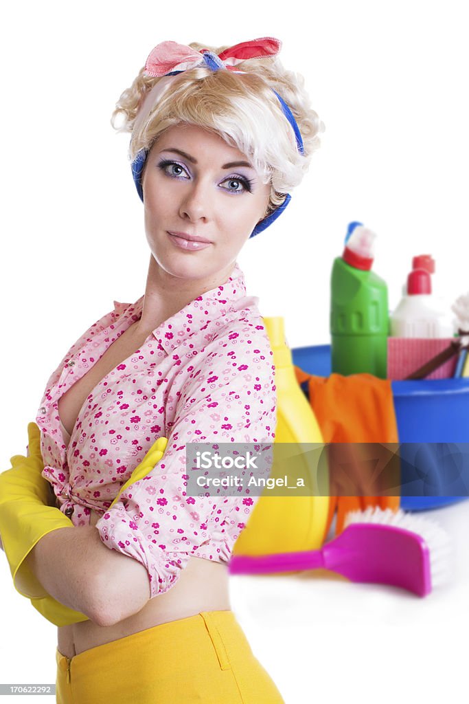 Pinup dona de casa limpeza conjunto com estilo - Foto de stock de Adulto royalty-free