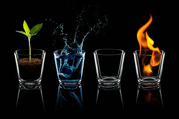 Photography of the four elements in water glasses.