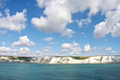 View of the famous white cliffs of Dover, Kent, England, UK, seen from the sea