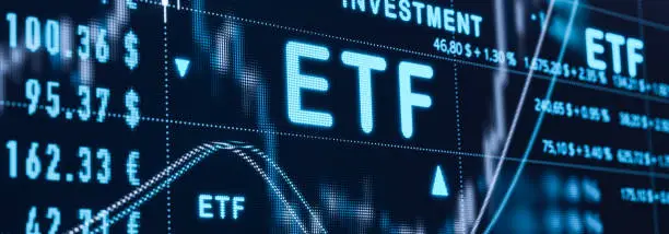 ETF - Exchange Traded Funds; stock market and exchange. Business; trading; investment funds; profit; strategy. 3D illustration