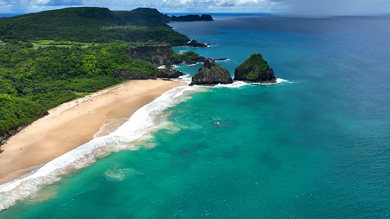 Fernando de Noronha archipelago of volcano islands. Tropical scenery. Summer scenery.  Nature bay water of Fernando de Noronha islands at Pernambuco Brazil. Amazing scenery. Tropical destinations.