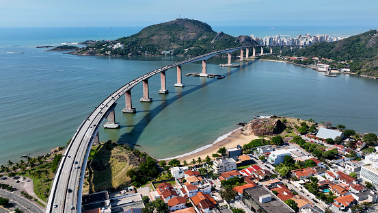 High angle view of famous third bridge at town of vitoria state of espirito santo Brazil. Transport scenery. Amazing landscape of vacation travel at city of vitoria espirito santo Brazil.