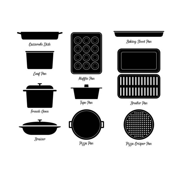 ilustrações, clipart, desenhos animados e ícones de conjunto completo de panelas silhueta vetor plano - forma de assar pão