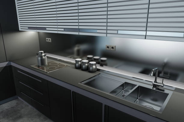 Modern and minimalist apartment interior kitchen. Kitchen on two walls. Dark materials matte finish. Luxury style. 3d renderings.