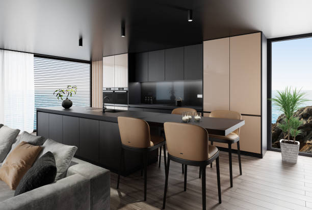 istock Luxury black Modern minimalist apartment interior. Living room with modern kitchen with leather stools. 1706283284