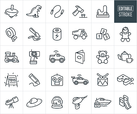 A set of children's toys icons that include editable strokes or outlines using the EPS vector file. The icons include a spinning top, toy dinosaur, jumprope, toy hammer and nail, yoyo, paintbrush, batteries, dump truck, toy blocks, baby girl doll, toy train, remote control, remote control car, remote control truck, book, teddy bear, tea cup set, toys sign, crayon, toy drums, video game controller, telescopes space toys, space helmet, toy laser gun, remote control boat and a slide.