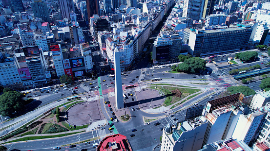 Obelisk Square Downtown Buenos Aires Argentina. Panoramic landscape of touristic landmark downtown capital Argentina. Touristic landmark. Outdoor downtown city. Urban scenery of Buenos Aires city.
