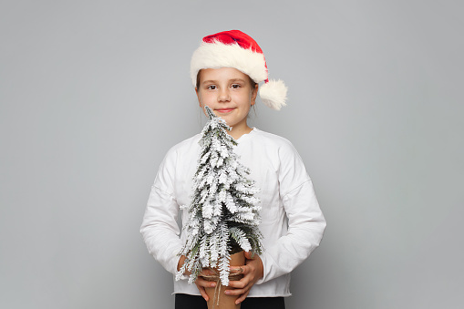Cute smiling Xmas child wearing red Santa hat holding Christmas tree on white background