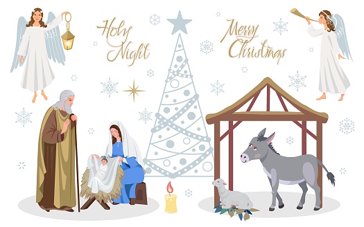 Set of cliparts of the nativity scene of the holy family with baby Jesus, Mary, Joseph in Bethlehem.Trumpeting angel and angel with lantern, Christmas tree, snowflakes, lettering.Collection for your design.Vector