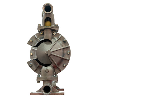 cut away cross section show detail inside air operated stainless steel double diaphragm pump or membrane pump in industrial isolated on white with clipping path