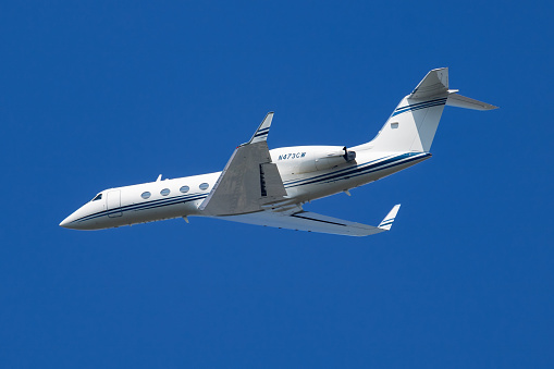 Vienna / Austria - April 18, 2019: Air Lake Lines Gulfstream G-IV N473CW business jet plane departure and take off at Vienna International Airport