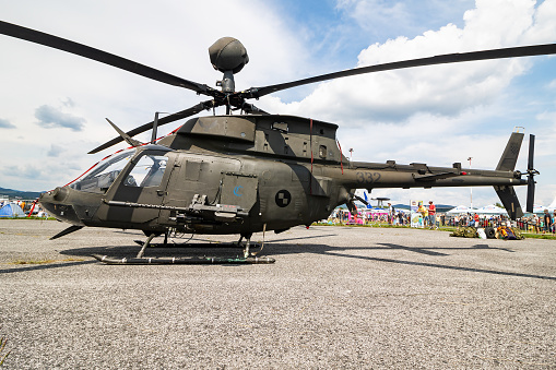 Sliac / Slovakia - August 3, 2019: Croatian Air Force Bell OH-58D Kiowa Warrior 332 attack helicopter static display at SIAF Slovak International Air Fest 2019