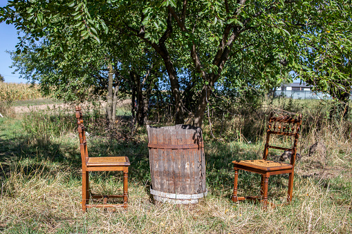 Évoramonte, Estremoz, Evora district, Alentejo, Portugal: colorful wooden chairs with floral motives - the seat is made with 'bunho', common club-rush (Schoenoplectus lacustris) -  Évora-monte.