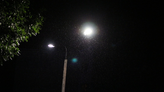 A lamppost with raindrops shining in the light