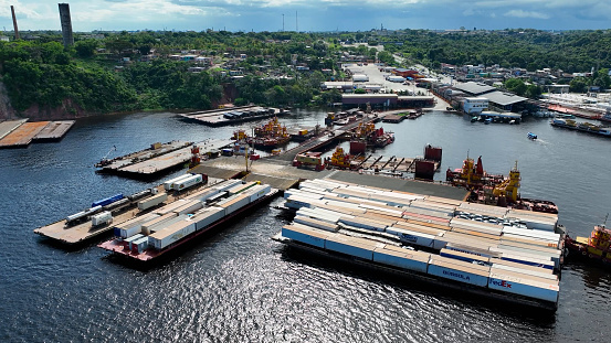 Manaus Brazil. Panoramic aerial landscape of Ceasa port at downtown Manaus Brazil. Infrastructure scenery aerial view. Manaus Brazil. Port of Ceasa at cityscape Manaus Brazil.
