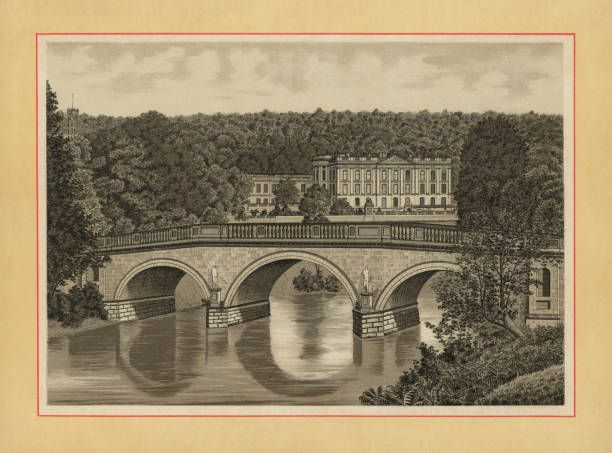 Chatsworth House in Derbyshire, England - 19th Century Chatsworth House in Derbyshire, England, Uk. Vintage etching circa 19th century. chatsworth house stock illustrations