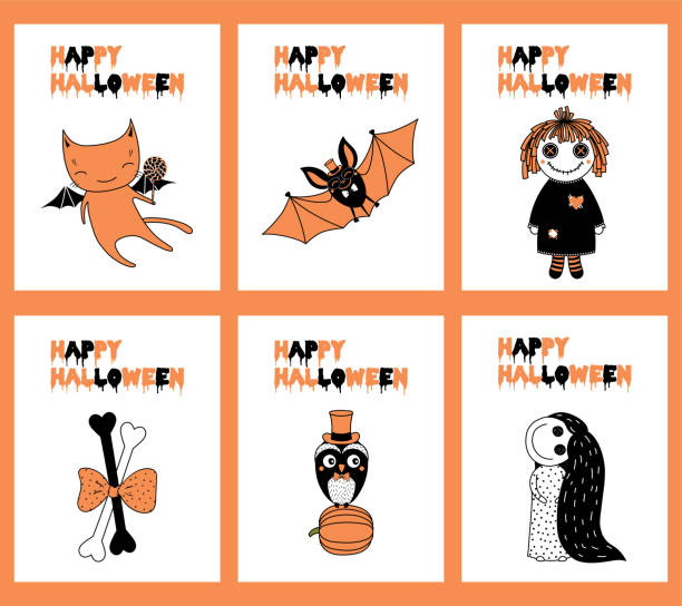 ilustrações, clipart, desenhos animados e ícones de conjunto de cartões de boas-vindas de halloween - collection doll toy rag doll