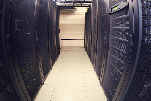 The server room boasts state-of-the-art computing equipment and a secure network connection.
