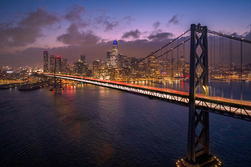 Aerial view of San Francisco Cityscape and Bay Bridge at Sunset