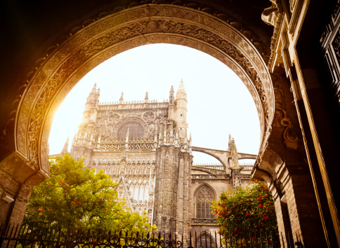Entrance to Patio de Naranjas and Seville Cathedral (Spain).