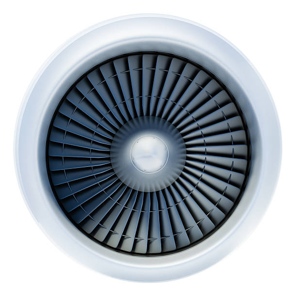 Front view of jet engine on white background A large white jet engine turbine, with a lot of silver blades interconnected to each other and a central silver dome, in the middle of the jet turbine.  It is not connected to any plane, and the background is plain white. propeller stock pictures, royalty-free photos & images