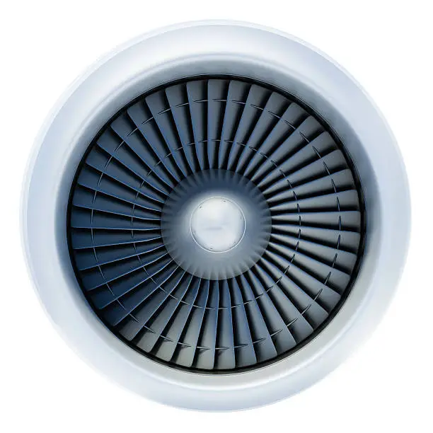 Photo of Front view of jet engine on white background