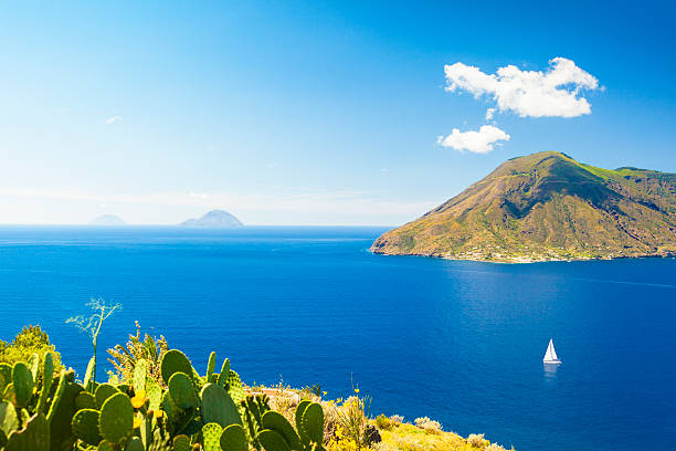 Aeolian Islands View from Lipari island on Salina, Filicudi and Alicudi islands. sicily photos stock pictures, royalty-free photos & images