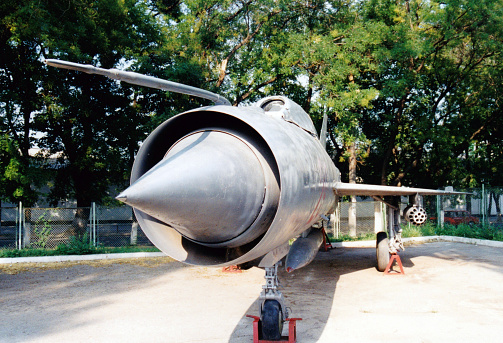 Chisinau, Moldova: engine intake view of a Fighter on street display -  a single-engine interceptor developed in the Soviet Union, it entered service in 1959. Outside the USSR, it was first stationed in the GDR with the Soviet 16th Air Army.