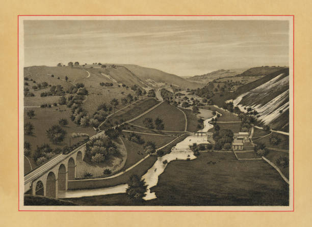 Headstone Viaduct at Monsal Dale in Derbyshire, England, Uk. Vintage etching circa 19th century.