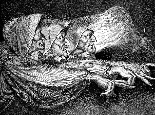 antyczne ilustracja trzech macbeth witches - illustration and painting engraved image engraving pencil drawing stock illustrations