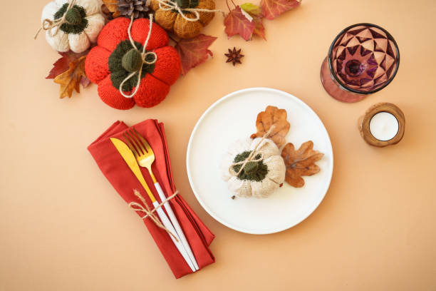 istock Thanksgiving table top view on color background. 1706448654