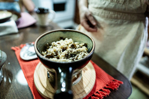 Close-up of cooking pan with risotto